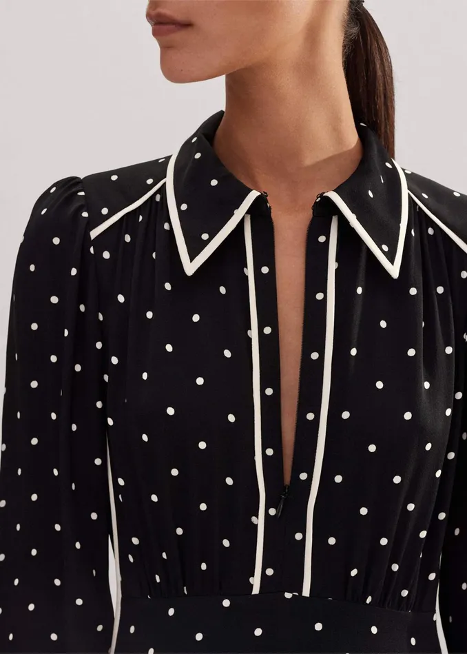 Women Monochrome Polka Dot Print Midi Dress Blacklight Cream MEEM