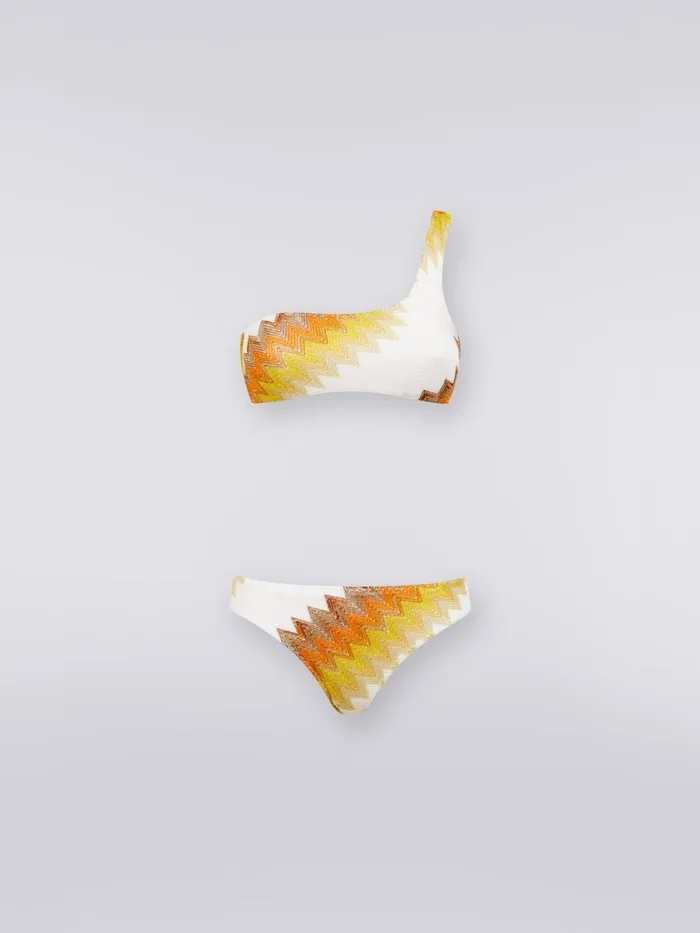 Women OneShoulder Bikini With Zigzag And Lam White Yellow and Ochre Missoni Swimsuits