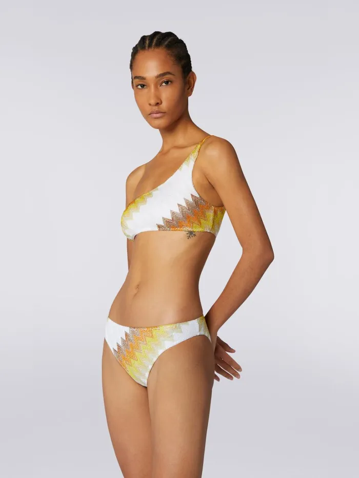 Women OneShoulder Bikini With Zigzag And Lam White Yellow and Ochre Missoni Swimsuits