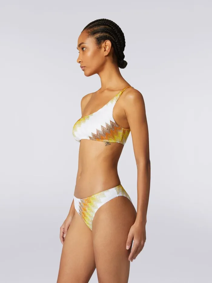 Women OneShoulder Bikini With Zigzag And Lam White Yellow and Ochre Missoni Swimsuits