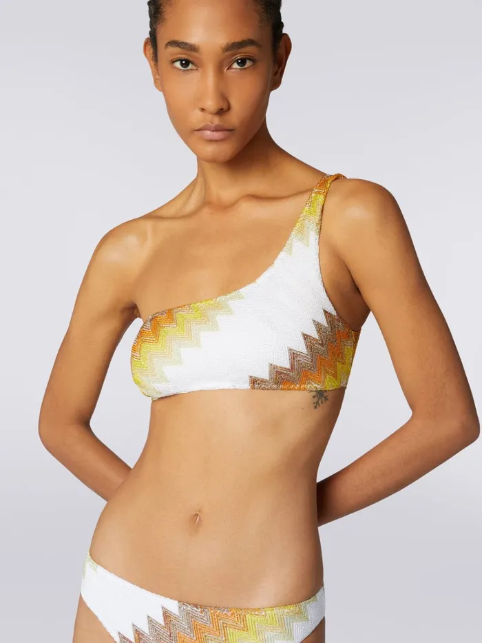 Women OneShoulder Bikini With Zigzag And Lam White Yellow and Ochre Missoni Swimsuits