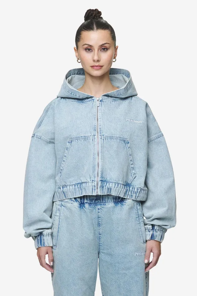 Women Pegador Zip Hoodies Zona Cropped Denim Zip Jacket Washed Pale Blue