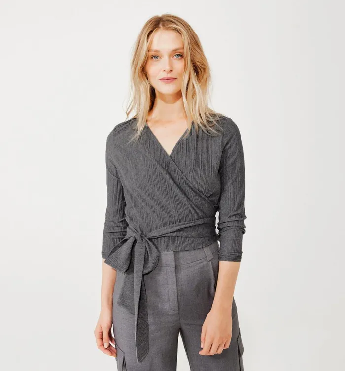 Women Pleated Jersey Crossover Top 8211 Dark Grey Promod Tops
