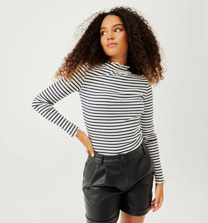 Women Raised Neckline Top 8211 Navy Blue Stripes Promod Tops