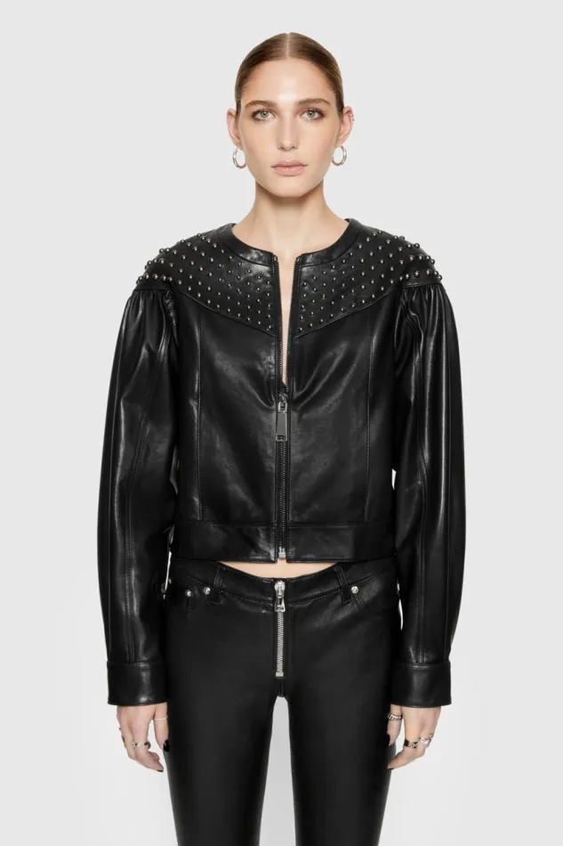 Women Rebecca Minkoff Leather Ozzy Studded Leather Jacket True Black