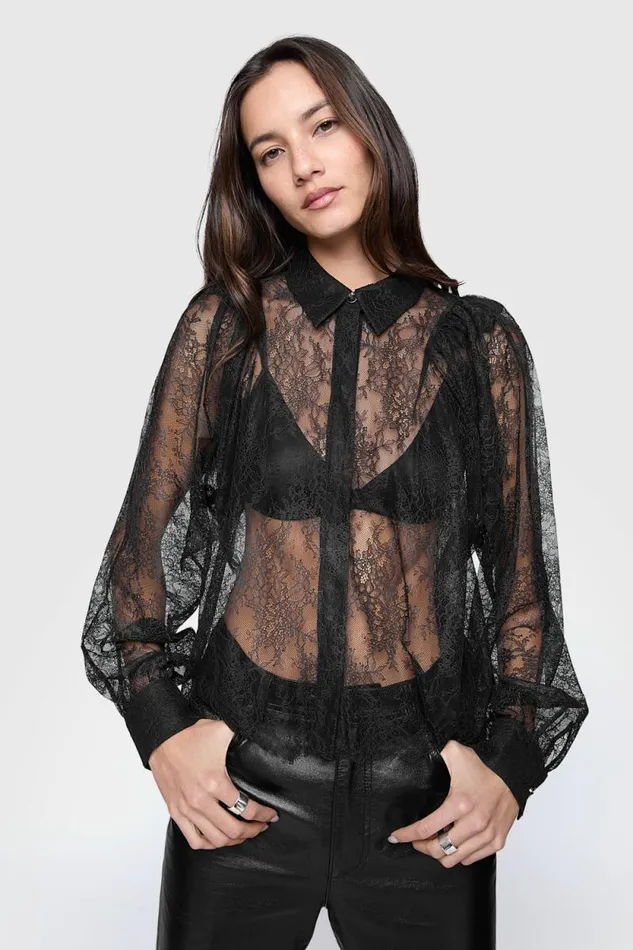 Women Rebecca Minkoff Tops Cleo Lace Sleeve Shirt True Black