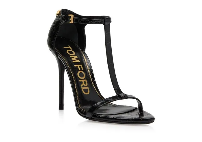 Women Sandals Tom Ford Shiny Stamped Crocodile Leather Iconic T Sandal Black Women Sandals Tom Ford Shiny Stamped Crocodile Leather Iconic T Sandal Black