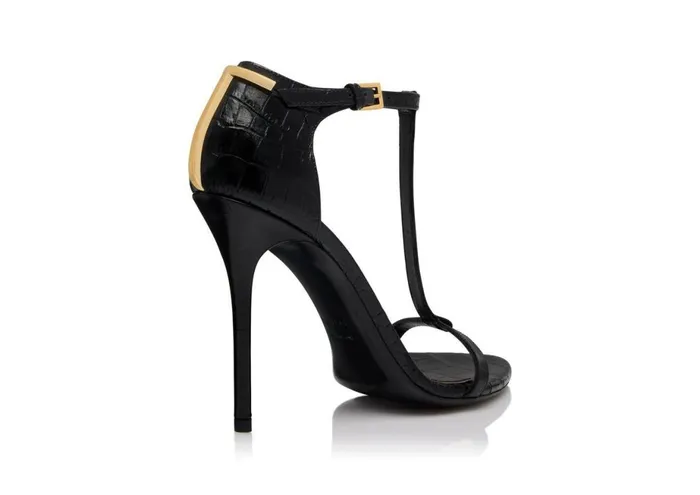 Women Sandals Tom Ford Shiny Stamped Crocodile Leather Iconic T Sandal Black Women Sandals Tom Ford Shiny Stamped Crocodile Leather Iconic T Sandal Black