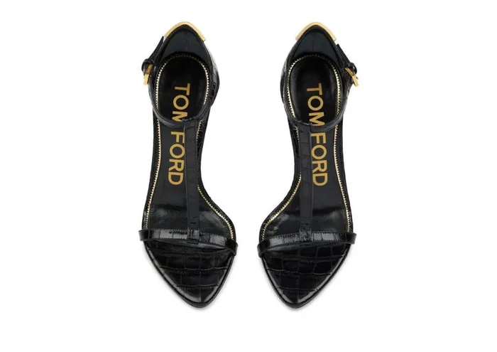 Women Sandals Tom Ford Shiny Stamped Crocodile Leather Iconic T Sandal Black Women Sandals Tom Ford Shiny Stamped Crocodile Leather Iconic T Sandal Black