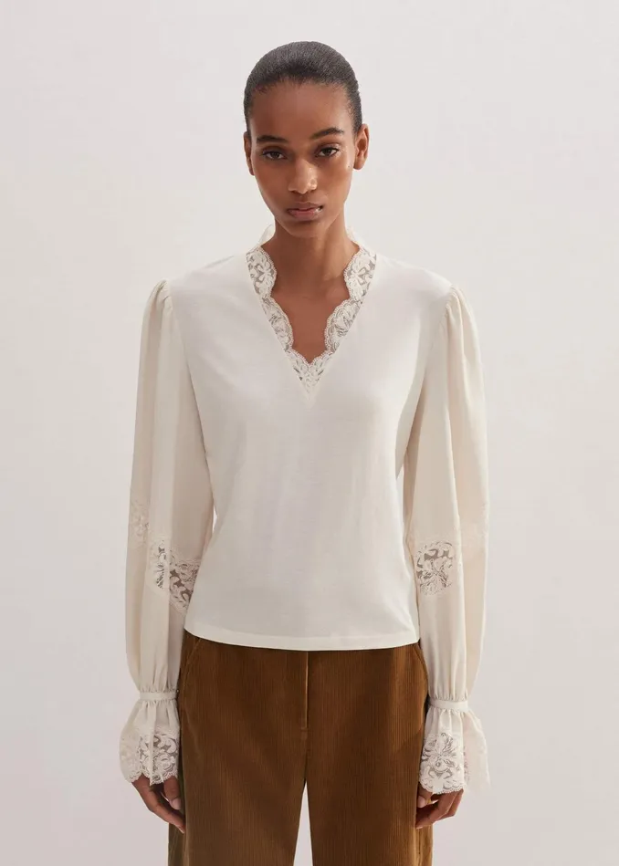 Women Satin Lace Layering Blouse Cream MEEM