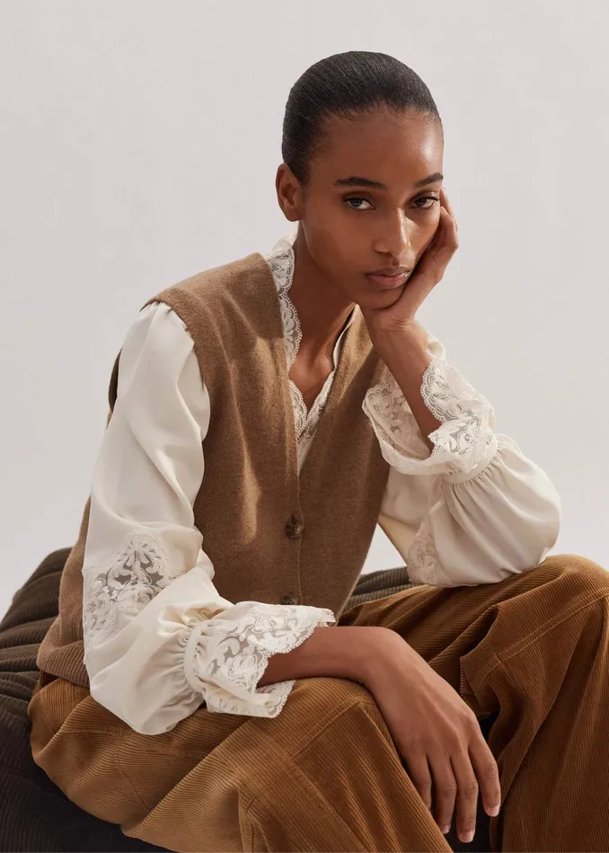 Women Satin Lace Layering Blouse Cream MEEM