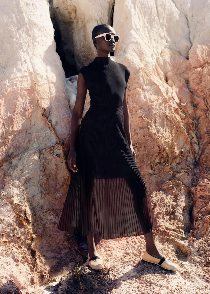 Women Sheer Panelled Evening Knit Maxi Dress Black MEEM