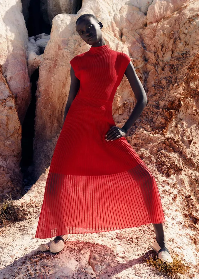 Women Sheer Panelled Evening Knit Maxi Dress Tulip Red MEEM
