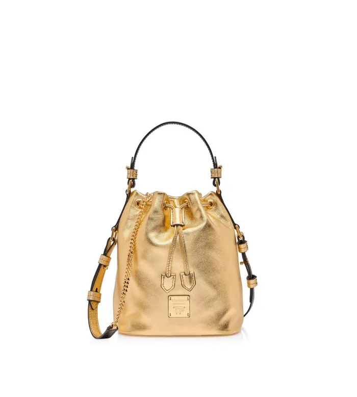 Women Shoulder Bags Tom Ford Laminated Leather Disco Small Bucket On Chain Gold