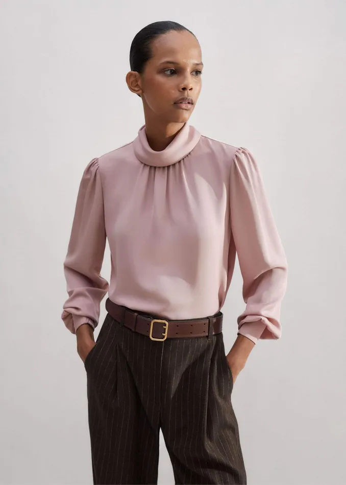 Women Silk High Neck Slim Top Pink MEEM