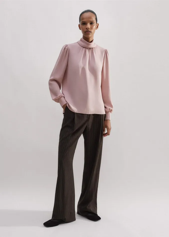 Women Silk High Neck Slim Top Pink MEEM