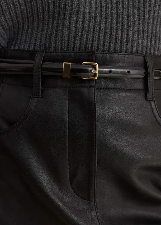 Women Skinny Smooth Leather Belt Black MEEM