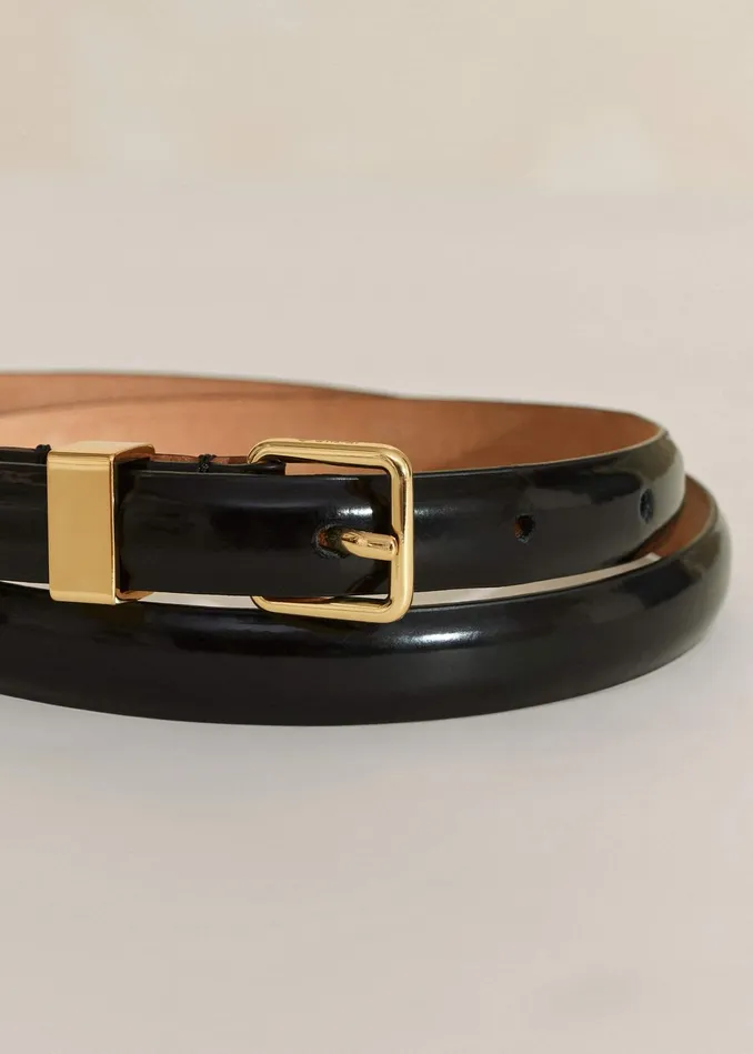 Women Skinny Smooth Leather Belt Black MEEM