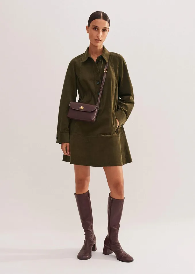 Women Soft Cord Mini Dress Deep Autumn Olive MEEM