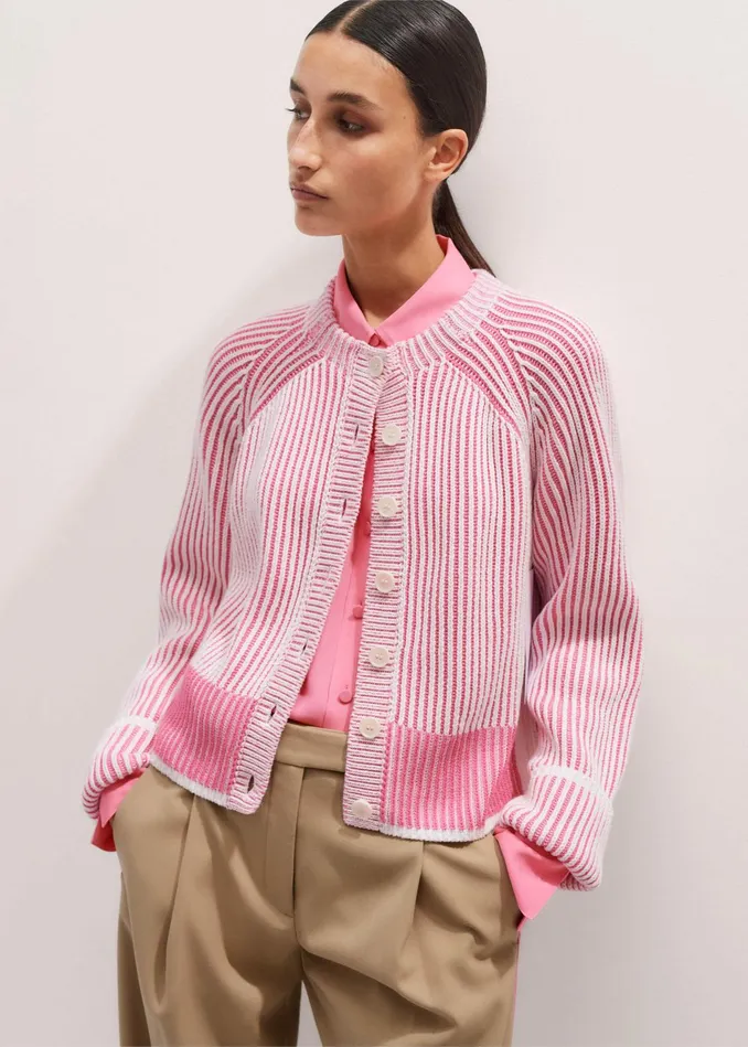 Women Soft Touch Rib Cotton Cardigan Perfect Pinkwhite MEEM