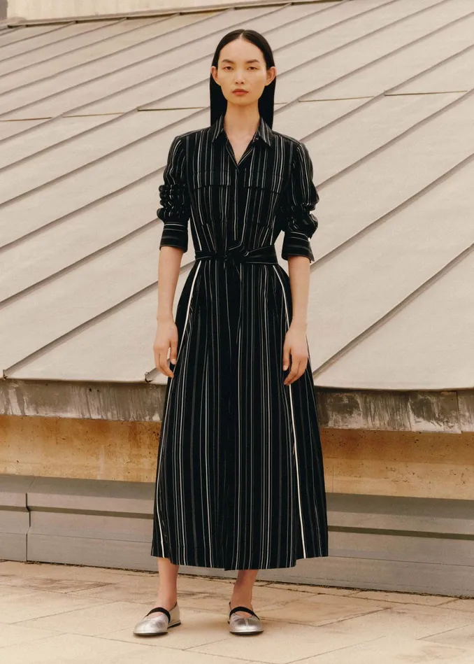 Women Stripe Shirt Maxi Dress Belt Blackivory MEEM