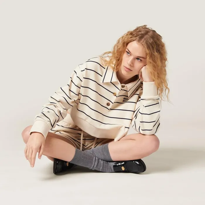 Women TShirts And Sweatshirts Miu Miu Cotton Fleece Polo Shirt Naturalblue Women TShirts And Sweatshirts Miu Miu Cotton Fleece Polo Shirt Naturalblue