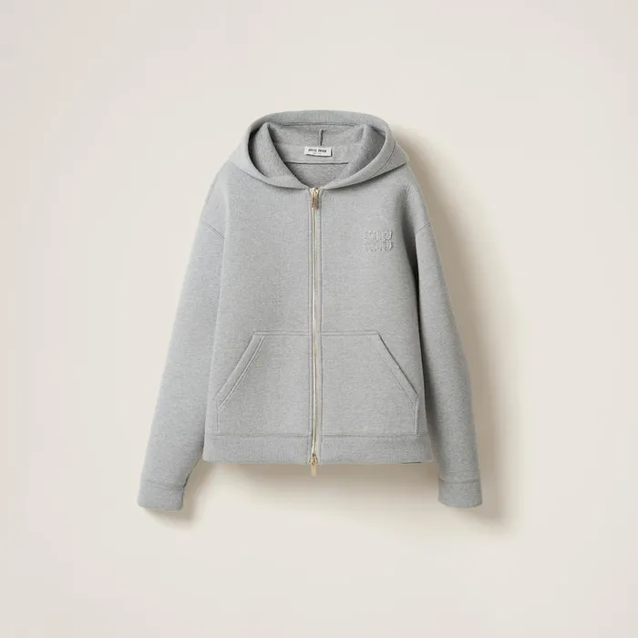 Women TShirts And Sweatshirts Miu Miu Embroidered Cotton Hoodie Grey