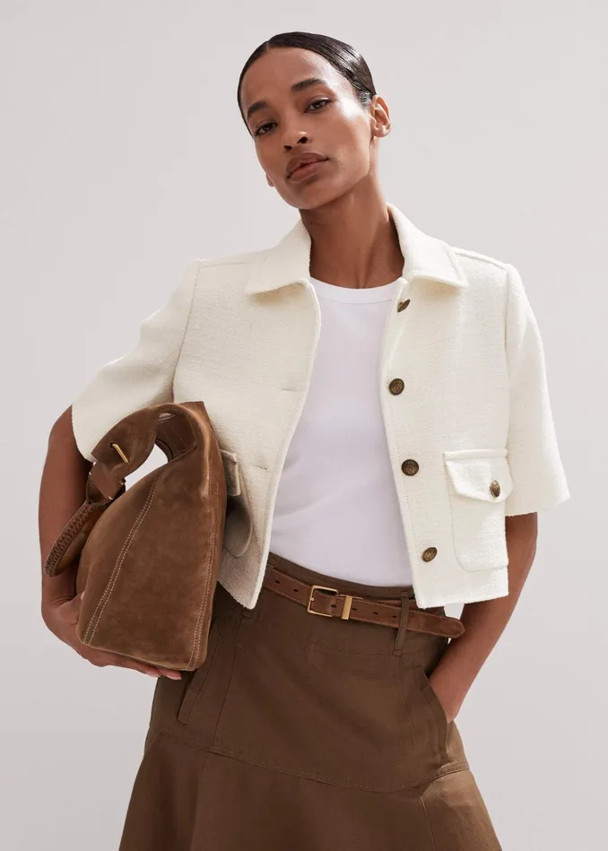 Women Tweed Short Sleeve Crop Jacket Cream MEEM