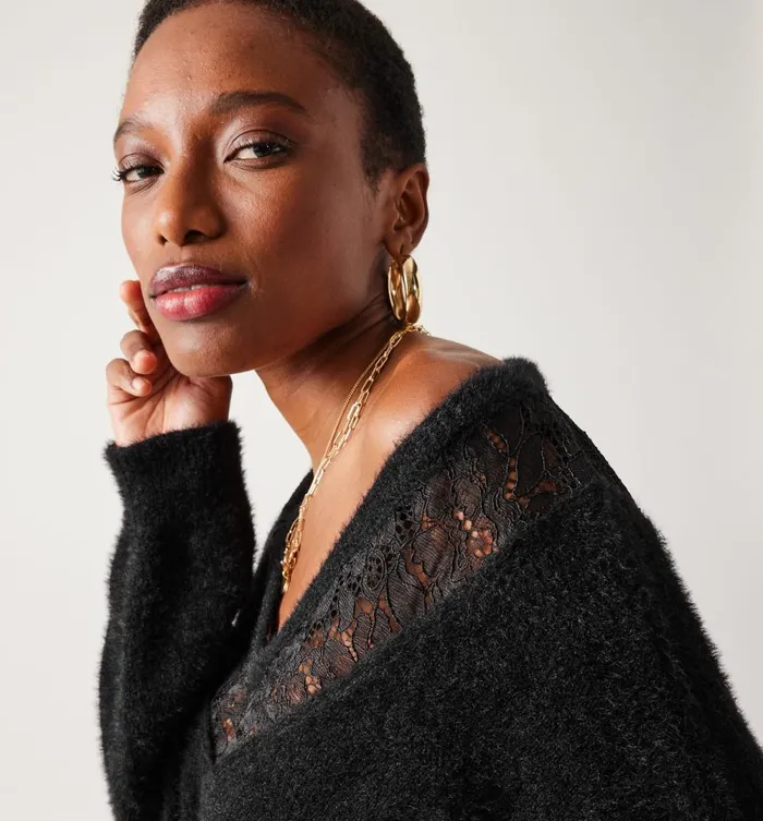 Women VNeck Jumper With Lace 8211 Black Promod Jumpers And Cardigans Women VNeck Jumper With Lace 8211 Black Promod Jumpers And Cardigans
