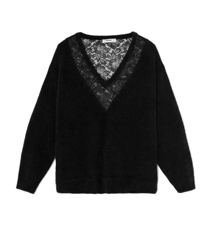Women VNeck Jumper With Lace 8211 Black Promod Jumpers And Cardigans Women VNeck Jumper With Lace 8211 Black Promod Jumpers And Cardigans