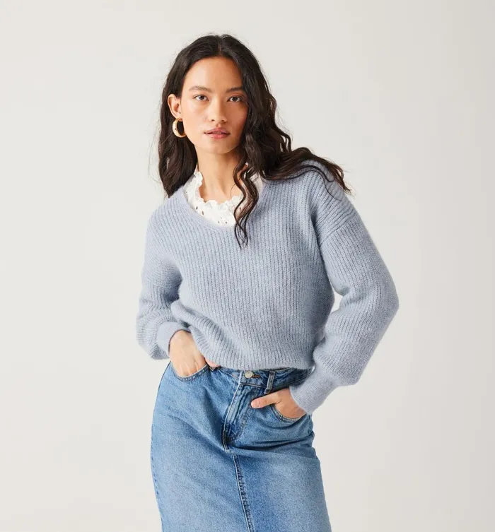 Women VNeck Ribbed Jumper 8211 Light Blue Promod Jumpers And Cardigans