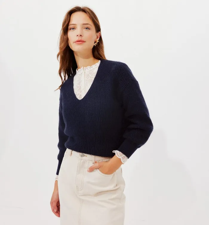 Women VNeck Ribbed Jumper 8211 Navy Blue Promod Jumpers And Cardigans