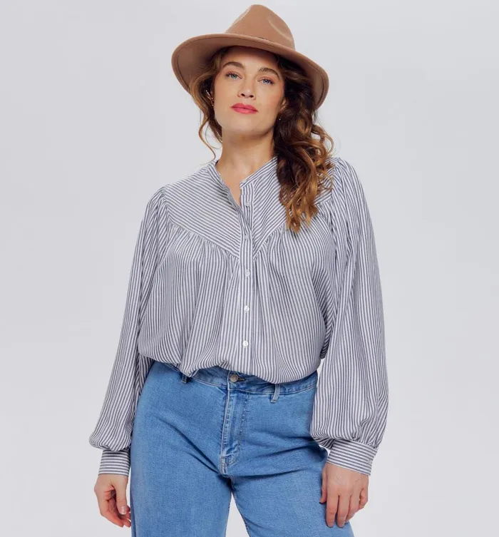 Women VolumeSleeved Shirt 8211 Navy Blue Stripes Promod Shirts And Tunics