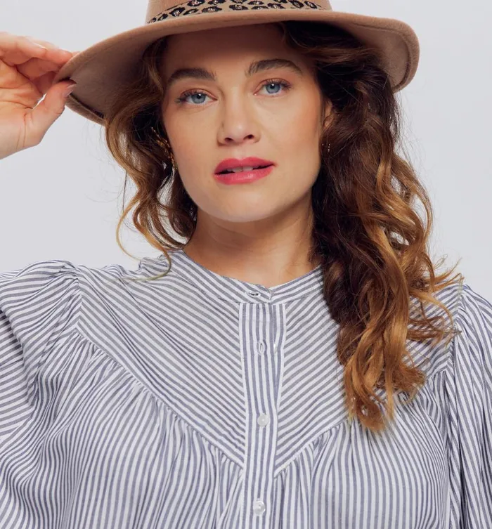 Women VolumeSleeved Shirt 8211 Navy Blue Stripes Promod Shirts And Tunics Women VolumeSleeved Shirt 8211 Navy Blue Stripes Promod Shirts And Tunics