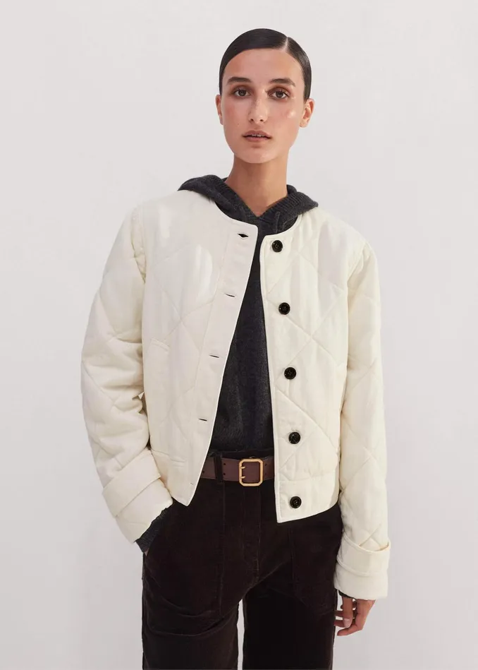 Women Washed CottonBlend Quilted Jacket Winter White MEEM