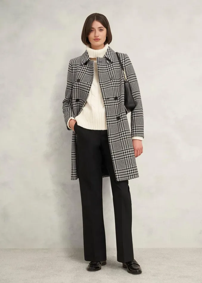 Women Yvette Wool Blend Check Coat Black Ivory Hobbs Coats and Jackets