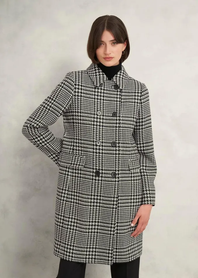 Women Yvette Wool Blend Check Coat Black Ivory Hobbs Coats and Jackets