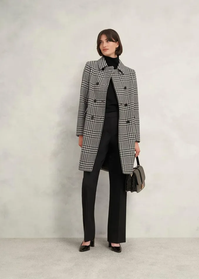 Women Yvette Wool Blend Check Coat Black Ivory Hobbs Coats and Jackets
