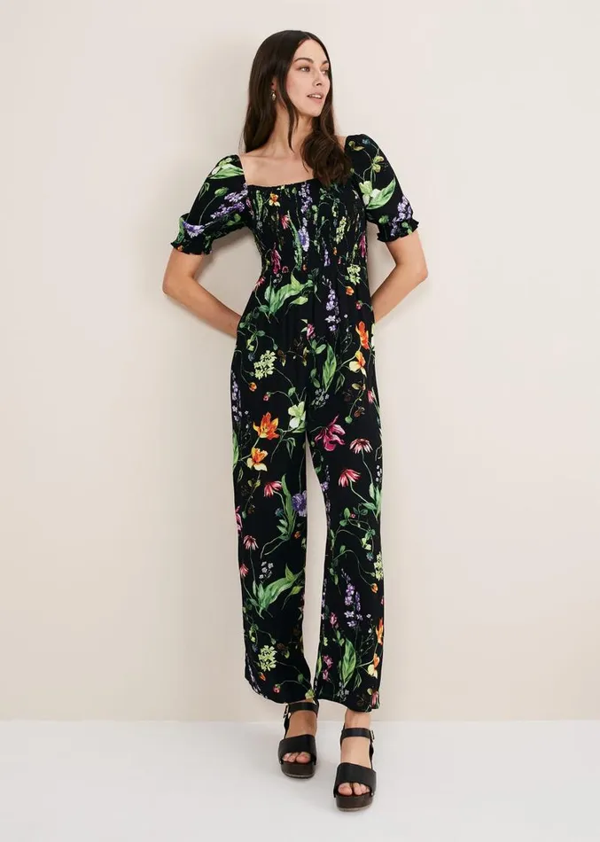 Zaylah Floral Shirred Waist Jumpsuit Black Women Phase Eight Dresses